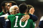 DUBLIN, IRELAND - NOVEMBER 15: Manager Giovanni Trapattoni of Republic of Ireland congratulates Robbie Keane after qualification during the EURO 2012 Qualifier Play Off Second Leg match between Republic of Ireland and Estonia at Aviva Stadium on November 15, 2011 in Dublin, Ireland.  (Photo by Laurence Griffiths/Getty Images)