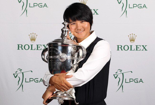 ORLANDO, FL - NOVEMBER 17:  Yani Tseng of Taiwan poses with the Player of the Year trophy at the LPGA Rolex Awards Reception at the Hyatt Regency Grand Cypress on November 17, 2011 in Orlando, Florida.  (Photo by Sam Greenwood/Getty Images)