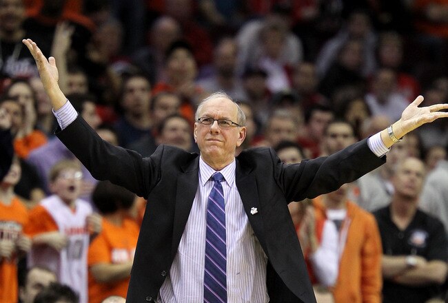 CLEVELAND, OH - MARCH 20: Head coach Jim Boeheim of the Syracuse Orange gestures from the bench during the second half against the Marquette Golden Eagles during the third of the 2011 NCAA men's basketball tournament at Quicken Loans Arena on March 20, 2011 in Cleveland, Ohio.  (Photo by Andy Lyons/Getty Images)