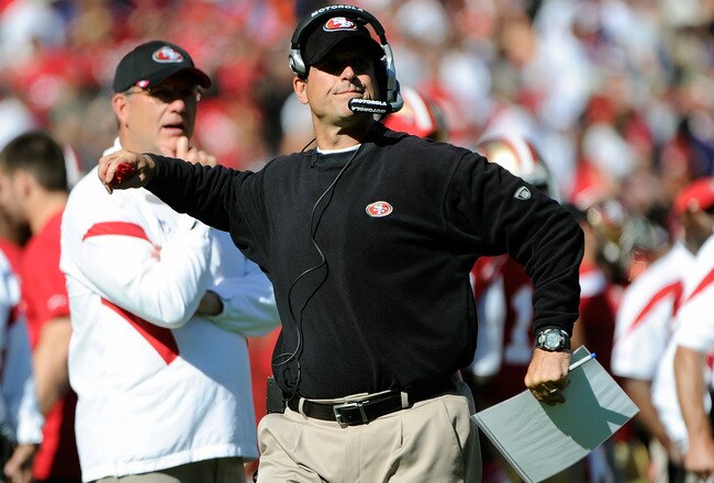 SAN FRANCISCO, CA - OCTOBER 30:  Head coach Jim Harbaugh of the San Francisco 49ers challanges a call against the Cleveland Browns at Candlestick Park on October 30, 2011 in San Francisco, California.  (Photo by Thearon W. Henderson/Getty Images)