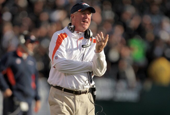 OAKLAND, CA - NOVEMBER 06:  Denver Broncos head coach John Fox walks the sidelines during their game against the Oakland Raiders at O.co Coliseum on November 6, 2011 in Oakland, California.  (Photo by Ezra Shaw/Getty Images)