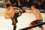 Cung Le (left) delivers a kick to opponent Brian Warren during the StrikeForce mixed martial arts event at HP Pavilion on June 9, 2006 in San Jose, California (Photo by John Medina/Getty Images)