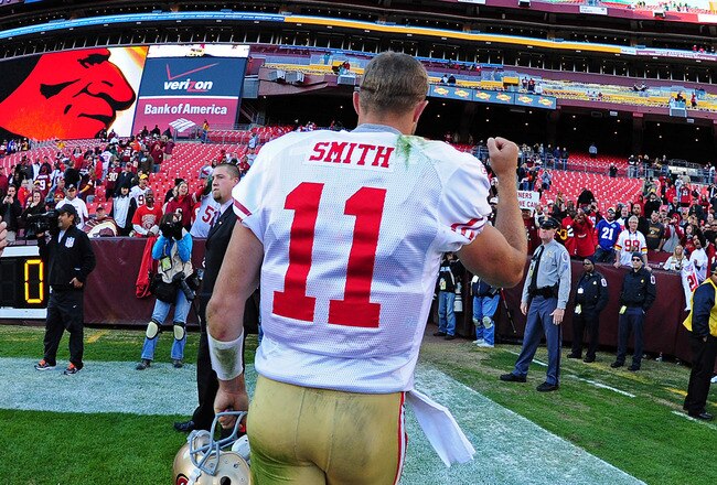 LANDOVER, MD - NOVEMBER 6: Alex Smith #11 of the San Francisco 49ers heads off the field after the game against the Washington Redskins at FedEx Field on November 6, 2011 in Landover, Maryland. (Photo by Scott Cunningham/Getty Images)