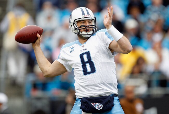 CHARLOTTE, NC - NOVEMBER 13:  Matt Hasselbeck #8 of the Tennessee Titans drops back to pass against the Carolina Panthers during their game at Bank of America Stadium on November 13, 2011 in Charlotte, North Carolina.  (Photo by Streeter Lecka/Getty Images)