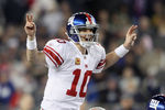 FOXBORO, MA - NOVEMBER 06:  Eli Manning #10 of the New York Giants calls out the play in the fourth quarter against the New England Patriots on November 6, 2011 at Gillette Stadium in Foxboro, Massachusetts. The New York Giants defeated the New England Patriots 24-20.  (Photo by Elsa/Getty Images)