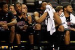 ATLANTA, GA - MARCH 10:  (L-R) R.J. Slawson #33, Malik Cooke #15, Damontre Harris #24 and Eric Smith #5 of the South Carolina Gamecocks react during their 55 to 66 loss to the Ole Miss Rebels during the first round of the SEC Men's Basketball Tournament at the Georgia Dome on March 10, 2011 in Atlanta, Georgia.  (Photo by Kevin C. Cox/Getty Images)