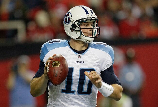 ATLANTA, GA - NOVEMBER 20:  Jake Locker #10 of the Tennessee Titans looks to pass against the Atlanta Falcons at Georgia Dome on November 20, 2011 in Atlanta, Georgia.  (Photo by Kevin C. Cox/Getty Images)