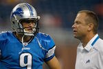 DETROIT, MI - SEPTEMBER 27:  Quarterback Matthew Stafford #9 of the Detroit Lions stands and talks with offensive coordinator Scott Linehan during warmups prior to the game against the Washington Redskins at Ford Field on September 27, 2009 in Detroit, Michigan. (Photo by Scott Boehm/Getty Images)