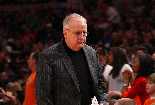 NEW YORK - MARCH 12:  Assistant coach Bernie Fine of the Syracuse Orange looks on from the sidelines during their game against the Connecticut Huskies during the quarterfinals of the Big East Tournament at Madison Square Garden on March 12, 2009 in New York City.  (Photo by Jim McIsaac/Getty Images)
