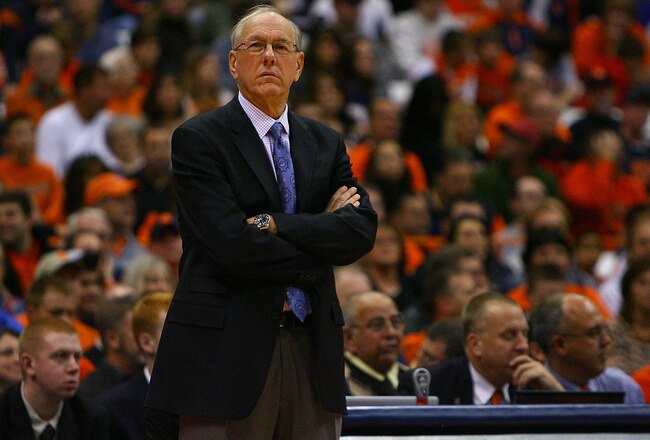 SYRACUSE, NY - NOVEMBER 19:  Head coach of the Syracuse Orange, Jim Boeheim looks on from the sideline during the game against the Colgate Raiders at the Carrier Dome on November 19, 2011 in Syracuse, New York.  (Photo by Nate Shron/Getty Images)