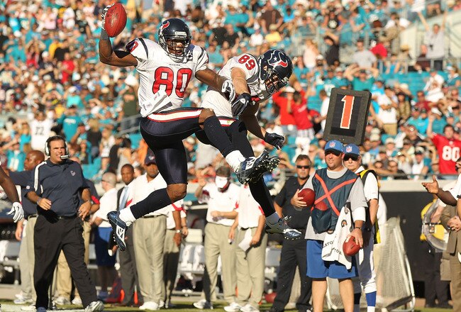 JACKSONVILLE, FL - NOVEMBER 14:  Andre Johnson #80 of the Houston Texans celebrates a touchdown with David Anderson #89 during a game against the Jacksonville Jaguars at EverBank Field on November 14, 2010 in Jacksonville, Florida.  (Photo by Mike Ehrmann/Getty Images)