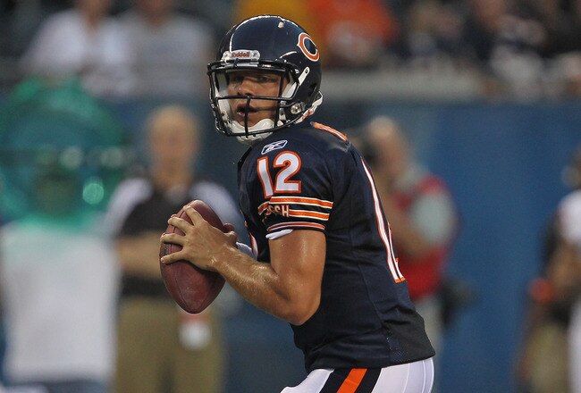 CHICAGO, IL - SEPTEMBER 01: Caleb Hanie #12 of the Chicago Bears looks for a receiver against the Cleveland Browns during a preseason game at Soldier Field on September 1, 2011 in Chicago, Illinois.  (Photo by Jonathan Daniel/Getty Images)
