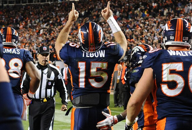 DENVER, CO - NOVEMBER 17: Tim Tebow #15 of the Denver Broncos celebrates after scoring the game winning touchdown against New York Jets at Sports Authority Field at Mile High on November 17, 2011 in Denver, Colorado.  (Photo by Garrett W. Ellwood/Getty Images)