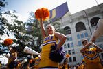 BATON ROUGE, LA - OCTOBER 08:  Members of the Louisiana State University Cheerleaders cheer before the game against the University of Florida at Tiger Stadium on October 8, 2011 in Baton Rouge, Louisiana.  (Photo by Chris Graythen/Getty Images)