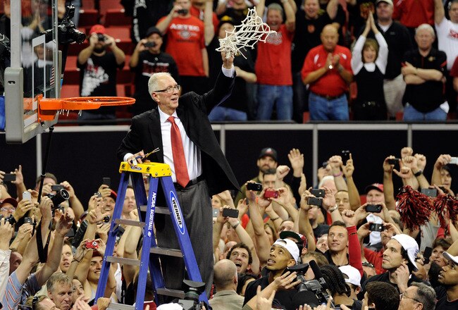 LAS VEGAS, NV - MARCH 12:  Head coach Steve Fisher of the San Diego State Aztecs waves a net after cutting it down following the team's 72-54 victory over the Brigham Young University Cougars in the championship game of the Conoco Mountain West Conference Basketball tournament at the Thomas & Mack Center March 12, 2011 in Las Vegas, Nevada.  (Photo by Ethan Miller/Getty Images)