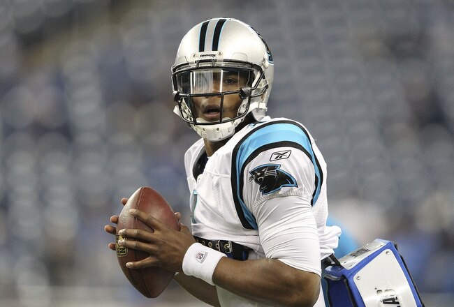DETROIT, MI - NOVEMBER 20:  Cam Newton #1 of the Carolina Panthers warms up prior to the start of the game against the Detroit Lions at Ford Field on November 20, 2011 in Detroit, Michigan.  (Photo by Leon Halip/Getty Images)