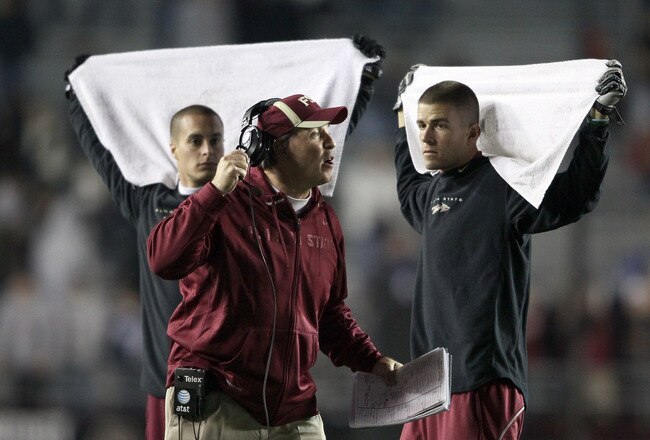CHESTNUT HILL, MA - NOVEMBER 03:  Head coach Jimbo Fisher of the Florida State Seminoles calls out the play in the second half against the Boston College Eagles on November 3, 2011 at Alumni Stadium in Chestnut Hill, Massachusetts. The Florida State Seminoles defeated the Boston College Eagles 38-7 (Photo by Elsa/Getty Images)