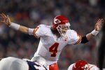 FOXBORO, MA - NOVEMBER 21:  Tyler Palko #4 of the Kansas City Chiefs calls out the play against the New England Patriots on November 21, 2011 at Gillette Stadium in Foxboro, Massachusetts.  (Photo by Elsa/Getty Images)