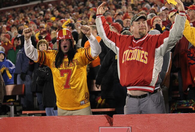 AMES, IA - NOVEMBER 18:  Fans cheer on the Iowa State Cyclones against the Oklahoma State Cowboys at Jack Trice Stadium November 18, 2011 in Ames, Iowa.  (Photo by Reese Strickland/Getty Images)