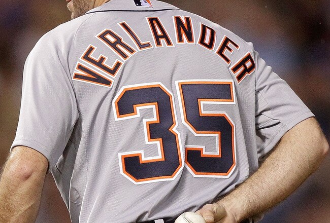 ARLINGTON, TX - OCTOBER 08:  Justin Verlander #35 of the Detroit Tigers looks on against the Texas Rangers in Game One of the American League Championship Series at Rangers Ballpark in Arlington on October 8, 2011 in Arlington, Texas.  (Photo by Bob Levey/Getty Images)