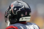 HOUSTON - OCTOBER 02:  Wide receiver Andre Johnson #80  of the Houston Texans displays a Breast Cancer Awareness Pink Ribbon on his helmet at Reliant Stadium on October 2, 2011 in Houston, Texas.  (Photo by Bob Levey/Getty Images)