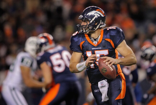 DENVER, CO - NOVEMBER 17:  Quarterback Tim Tebow #15 of the Denver Broncos rolls out against the New York Jets at Sports Authority Field at Mile High on November 17, 2011 in Denver, Colorado. Tebow went on to score the game winning touchdown as the Broncos defeated the Jets 17-13.  (Photo by Doug Pensinger/Getty Images)