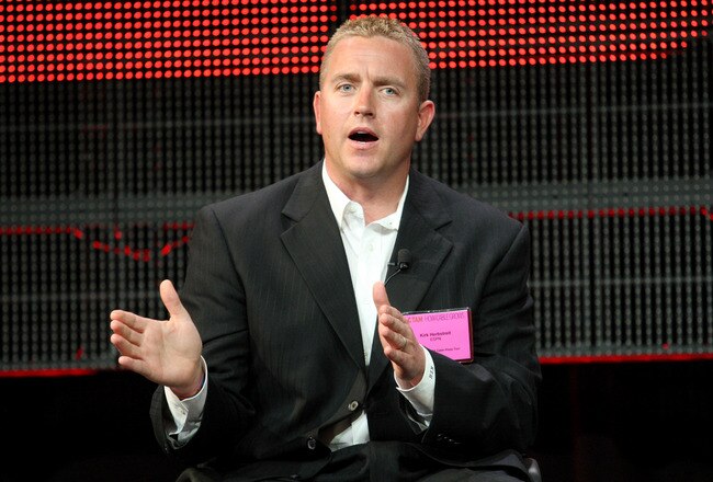PASADENA, CA - JANUARY 05:  Broadcaster Kirk Herbstreit speaks onstage during the 'BCS Title Game' panel at the ESPN portion of the 2011 Winter TCA press tour held at the Langham Hotel on January 5, 2011 in Pasadena, California.  (Photo by Frederick M. Brown/Getty Images)