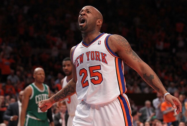 NEW YORK, NY - APRIL 24:  Anthony Carter #25 of the New York Knicks reacts against the Boston Celtics in Game Four of the Eastern Conference Quarterfinals during the 2011 NBA Playoffs on April 24, 2011 at Madison Square Garden in New York City. NOTE TO USER: User expressly acknowledges and agrees that, by downloading and or using this photograph, User is consenting to the terms and conditions of the Getty Images License Agreement  (Photo by Nick Laham/Getty Images)