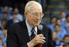 WESTWOOD, CA - DECEMBER 20:  Former UCLA coach John Wooden adresses the fans during a ceremony to name the court at Pauley Pavilion Nell and John Wooden Court prior to the start of UCLA's game against Michigan State on December 20, 2003 in Westwood, California. UCLA won the game 64-58.  (Photo by Jeff Gross/Getty Images)