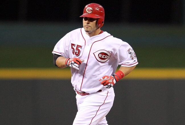 CINCINNATI, OH - SEPTEMBER 14:  Ramon Hernandez #55 of the Cincinnati Reds runs the bases after hitting a home run against the Chicago Cubs at Great American Ball Park on September 14, 2011 in Cincinnati, Ohio.  (Photo by Andy Lyons/Getty Images)