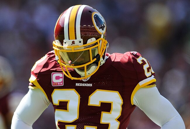 LANDOVER, MD - OCTOBER 16:   DeAngelo Hall #23 of the Washington Redskins reacts after a play during game against the Philadelphia Eagles at FedExField on October 16, 2011 in Landover, Maryland.  (Photo by Patrick McDermott/Getty Images)