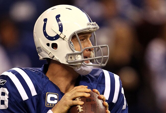 INDIANAPOLIS, IN - JANUARY 08:  Quarterback Peyton Manning #18 of the Indianapolis Colts looks to pass against the New York Jets during their 2011 AFC wild card playoff game at Lucas Oil Stadium on January 8, 2011 in Indianapolis, Indiana. The Jets won 17-16.  (Photo by Jonathan Daniel/Getty Images)