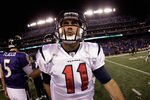 BALTIMORE, MD - OCTOBER 16: Quarterbacks Joe Flacco #5 of the Baltimore Ravens and Matt Leinart #11 of the Houston Texans greet each other after the Ravens 29-14 win at M&T Bank Stadium on October 16, 2011 in Baltimore, Maryland. The Ravens won 29-14.  (Photo by Rob Carr/Getty Images)