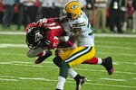 ATLANTA, GA - OCTOBER 9: Julio Jones #11 of the Atlanta Falcons is tackled by Sam Shields #37 of the Green Bay Packers at the Georgia Dome on October 9, 2011 in Atlanta, Georgia. (Photo by Scott Cunningham/Getty Images)