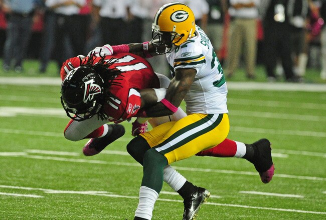ATLANTA, GA - OCTOBER 9: Julio Jones #11 of the Atlanta Falcons is tackled by Sam Shields #37 of the Green Bay Packers at the Georgia Dome on October 9, 2011 in Atlanta, Georgia. (Photo by Scott Cunningham/Getty Images)
