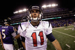 BALTIMORE, MD - OCTOBER 16: Quarterbacks Joe Flacco #5 of the Baltimore Ravens and Matt Leinart #11 of the Houston Texans greet each other after the Ravens 29-14 win at M&T Bank Stadium on October 16, 2011 in Baltimore, Maryland. The Ravens won 29-14.  (Photo by Rob Carr/Getty Images)