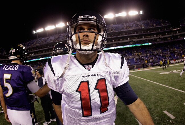 BALTIMORE, MD - OCTOBER 16: Quarterbacks Joe Flacco #5 of the Baltimore Ravens and Matt Leinart #11 of the Houston Texans greet each other after the Ravens 29-14 win at M&T Bank Stadium on October 16, 2011 in Baltimore, Maryland. The Ravens won 29-14.  (Photo by Rob Carr/Getty Images)