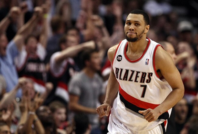 PORTLAND, OR - APRIL 23:  Brandon Roy #7 of the Portland Trail Blazers runs down court after making a shot to overcome a 23 point deficit to defeat the the Dallas Mavericks 84-82 in Game Four of the Western Conference Quarterfinals in the 2011 NBA Playoffs on April 23, 2011 at the Rose Garden in Portland, Oregon. NOTE TO USER: User expressly acknowledges and agrees that, by downloading and or using this photograph, User is consenting to the terms and conditions of the Getty Images License Agreement.  (Photo by Jonathan Ferrey/Getty Images)