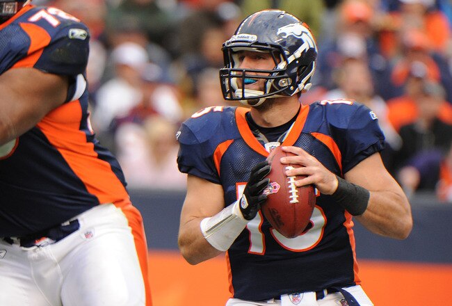DENVER, CO - OCTOBER 9: Tim Tebow #15 of the Denver Broncos reacts to a play against the San Diego Chargers at Sports Authority Field at Mile High on October 9, 2011 in Denver, Colorado. The Chargers won 29-24. (Photo by Bart Young/Getty Images)