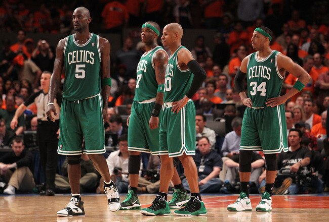 NEW YORK, NY - APRIL 24:  (L-R) Kevin Garnett #5, Jermaine O'Neal #7, Ray Allen #20 and Paul Pierce #34 of the Boston Celtics look on against the New York Knicks in Game Four of the Eastern Conference Quarterfinals during the 2011 NBA Playoffs on April 24, 2011 at Madison Square Garden in New York City. NOTE TO USER: User expressly acknowledges and agrees that, by downloading and or using this photograph, User is consenting to the terms and conditions of the Getty Images License Agreement  (Photo by Nick Laham/Getty Images)
