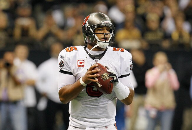 NEW ORLEANS, LA - NOVEMBER 06:  Josh Freeman #5 of the Tampa Bay Buccaneers looks to pass against the New Orleans Saints at Mercedes-Benz Superdome on November 6, 2011 in New Orleans, Louisiana.  (Photo by Kevin C. Cox/Getty Images)