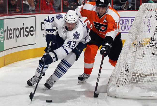 PHILADELPHIA, PA - OCTOBER 24:  Nazem Kadri #43 of the Toronto Maple Leafs skates against the Philadelphia Flyers at the Wells Fargo Center on October 24, 2011 in Philadelphia, Pennsylvania.  (Photo by Bruce Bennett/Getty Images)