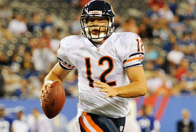 EAST RUTHERFORD, NJ - AUGUST 22:  Caleb Hanie #12 of the Chicago Bears in action against the New York Giants during a pre season game at New Meadowlands Stadium on August 22, 2011 in East Rutherford, New Jersey.  (Photo by Patrick McDermott/Getty Images)