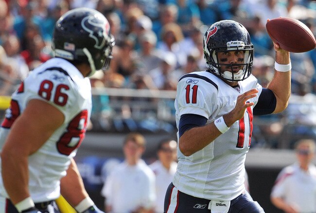 JACKSONVILLE, FL - NOVEMBER 27:  Quarterback Matt Leinart #11 of the the Houston Texans looks to pass against the Jacksonville Jaguars November 27, 2011 at EverBank Field in Jacksonville, Florida. Leinart left the game after an injury and the Texans won 20 - 13. Photo by Al Messerschmidt/Getty Images)