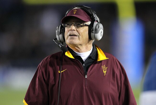 PASADENA, CA - NOVEMBER 05: Head coach Dennis Erickson of the Arizona State Sun Devils checks a video replay during the game with the UCLA Bruins at the Rose Bowl on November 5, 2011 in Pasadena, California.  UCLA won 29-28.  (Photo by Stephen Dunn/Getty Images)