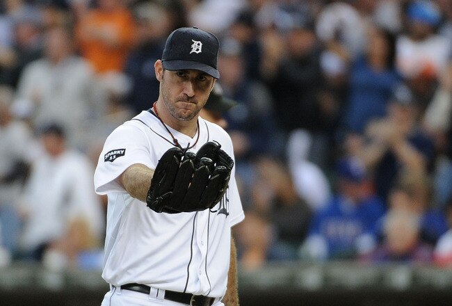 DETROIT, MI - OCTOBER 13:  Justin Verlander #35 of the Detroit Tigers reacts to the third out in the sixth inning of Game Five of the American League Championship Series against the Texas Rangers at Comerica Park on October 13, 2011 in Detroit, Michigan.  (Photo by Harry How/Getty Images)