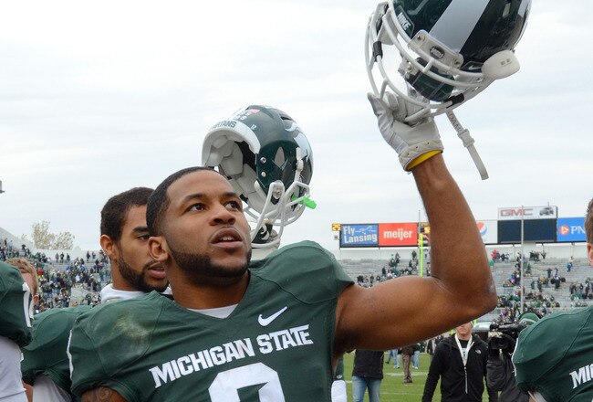 EAST LANSING, MI - NOVEMBER 19:  B.J. Cunningham #3 of the Michigan State Spartans celebrates the victory against the Indiana Hoosiers at Spartan Stadium on November 19, 2011 in East Lansing, Michigan. The Spartans defeated the Hoosiers 55-3.  (Photo by Mark A. Cunningham/Getty Images)