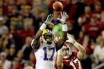 TUSCALOOSA, AL - NOVEMBER 05:  Morris Claiborne #17 of the LSU Tigers makes an interception over Brad Smelley #17 of the Alabama Crimson Tide during the second half of the game at Bryant-Denny Stadium on November 5, 2011 in Tuscaloosa, Alabama.  (Photo by Kevin C. Cox/Getty Images)