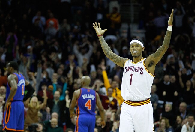 CLEVELAND - FEBRUARY 25:  Daniel Gibson #1 of the Cleveland Cavaliers celebrates after scoring a three point shot during the game against the New York Knicks on February 25, 2011 at Quicken Loans Arena in Cleveland, Ohio. NOTE TO USER: User expressly acknowledges and agrees that, by downloading and/or using this Photograph, user is consenting to the terms and conditions of the Getty Images License Agreement.  (Photo by Jared Wickerham/Getty Images)