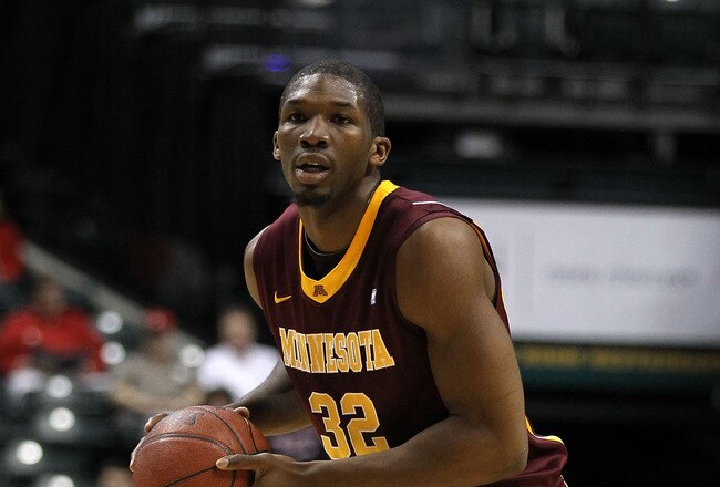INDIANAPOLIS, IN - MARCH 10:  Trevor Mbakwe #32 of the Minnesota Golden Gophers looks to pass the ball against Northwestern Wildcats during the first round of the 2011 Big Ten Men's Basketball Tournament at Conseco Fieldhouse on March 10, 2011 in Indianapolis, Indiana.  (Photo by Andy Lyons/Getty Images)